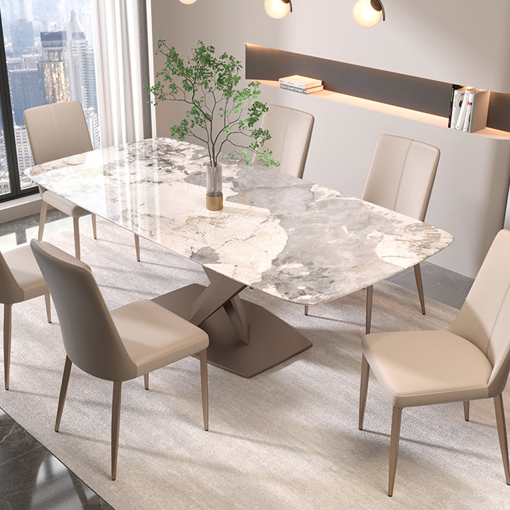 椅子付きの現代的な長方形の焼結された石のトップメタルベースダイニングテーブル