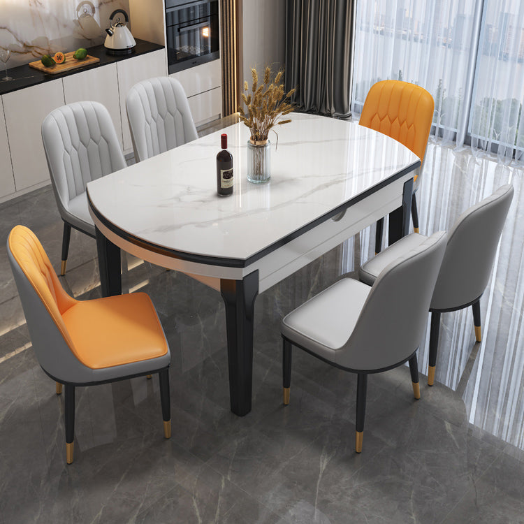 Modern Round Expandable Retractable Stone Top Dining Table with Black Wood Base Clearhalo 'Dining Tables & Seating' 'Dining Tables' 'dining_table' 'furn' 'furn_dining_table' 'Furniture' 'Kitchen & Dining Furniture' 7747473