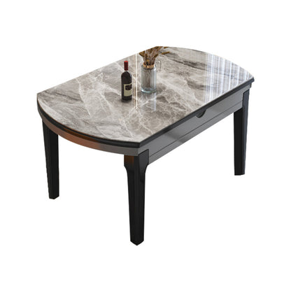 Modern Round Expandable Retractable Stone Top Dining Table with Black Wood Base Gray Without Chairs Clearhalo 'Dining Tables & Seating' 'Dining Tables' 'dining_table' 'furn' 'furn_dining_table' 'Furniture' 'Kitchen & Dining Furniture' 7747474