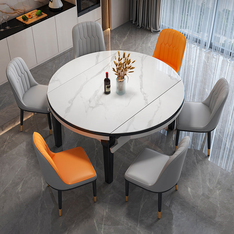 Modern Round Expandable Retractable Stone Top Dining Table with Black Wood Base Clearhalo 'Dining Tables & Seating' 'Dining Tables' 'dining_table' 'furn' 'furn_dining_table' 'Furniture' 'Kitchen & Dining Furniture' 7747476
