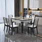 Modern Round Expandable Retractable Stone Top Dining Table with Black Wood Base Clearhalo 'Dining Tables & Seating' 'Dining Tables' 'dining_table' 'furn' 'furn_dining_table' 'Furniture' 'Kitchen & Dining Furniture' 7747477