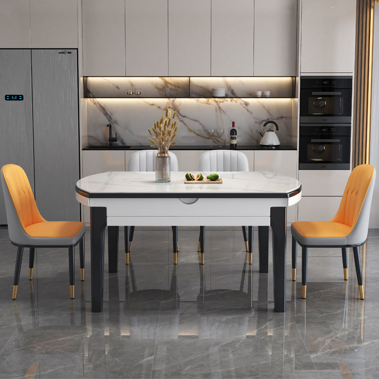 Modern Round Expandable Retractable Stone Top Dining Table with Black Wood Base Clearhalo 'Dining Tables & Seating' 'Dining Tables' 'dining_table' 'furn' 'furn_dining_table' 'Furniture' 'Kitchen & Dining Furniture' 7747483