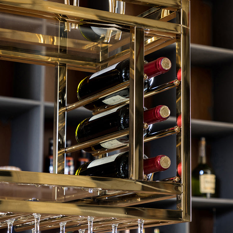 Porta del vino sospeso in metallo da cucina con supporto di vetro e scaffale