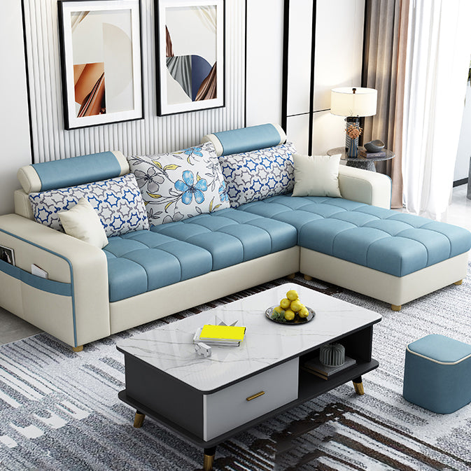 82.67"Long Square Arms Sofa for Living Room Contemporary with Sewn Pillow Back Sky Blue Faux Leather Clearhalo 'furn' 'furn_sofas' 'Furniture' 'Living Room Furniture' 'Sofa' 'sofas' 7750869