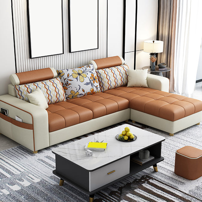 82.67"Long Square Arms Sofa for Living Room Contemporary with Sewn Pillow Back White-Orange Faux Leather Clearhalo 'furn' 'furn_sofas' 'Furniture' 'Living Room Furniture' 'Sofa' 'sofas' 7750873