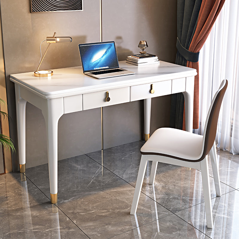 Glam Style Home Office Desk Solid Wood Base Rectangular Writing Desk White Clearhalo 'furn' 'furn_office_desk' 'Furniture' 'Office Desks' 'Office Furniture' 'office_desk' 7753531