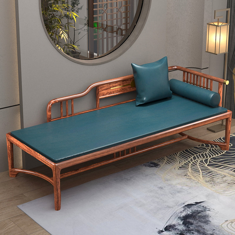 Chaise longue tradizionale marrone con braccioli in legno con braccioli rotondi per camera da letto, soggiorno