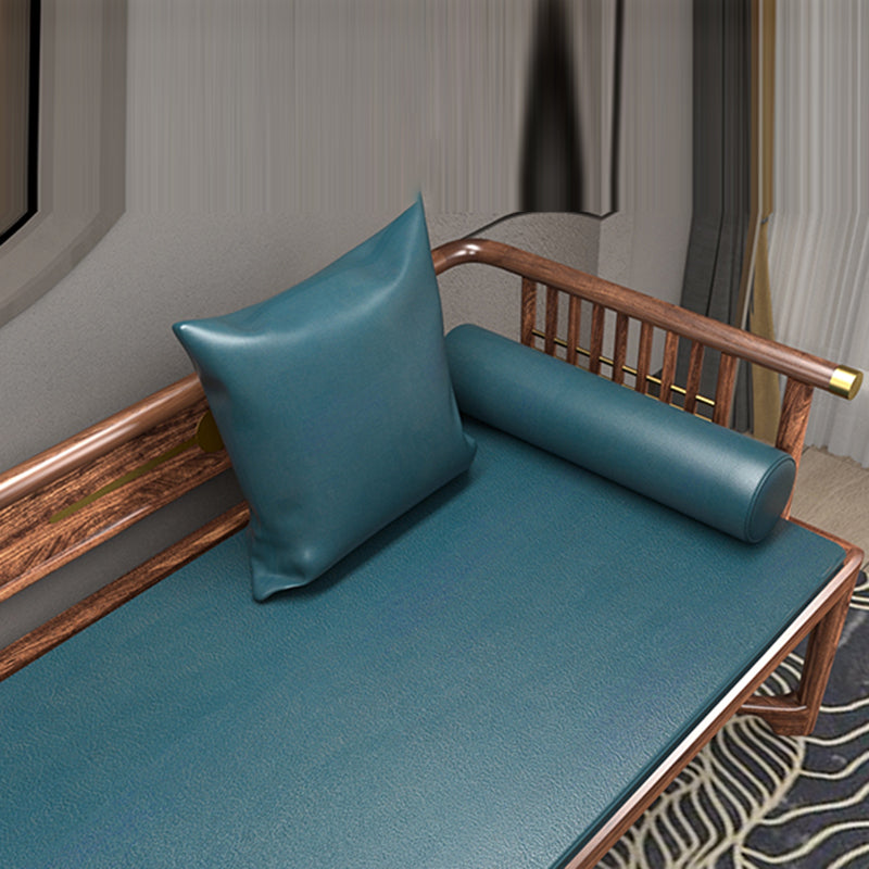 Chaise longue tradizionale marrone con braccioli in legno con braccioli rotondi per camera da letto, soggiorno