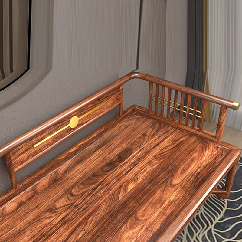 Chaise longue tradizionale marrone con braccioli in legno con braccioli rotondi per camera da letto, soggiorno