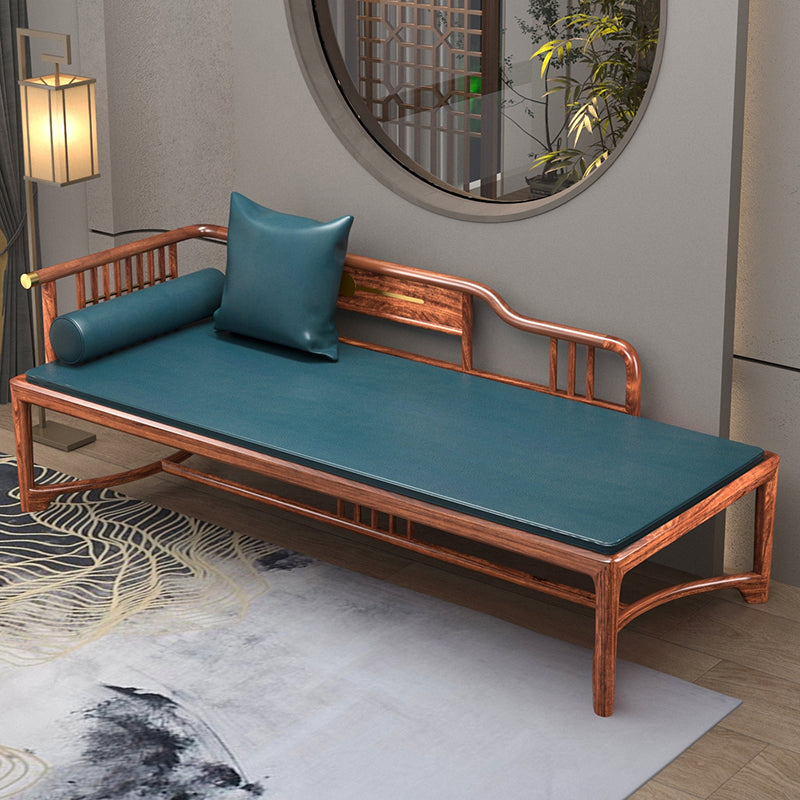Chaise longue tradizionale marrone con braccioli in legno con braccioli rotondi per camera da letto, soggiorno