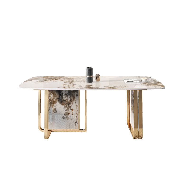 Glam Rectangle Stone Dining Table Metal Bases for Living Room