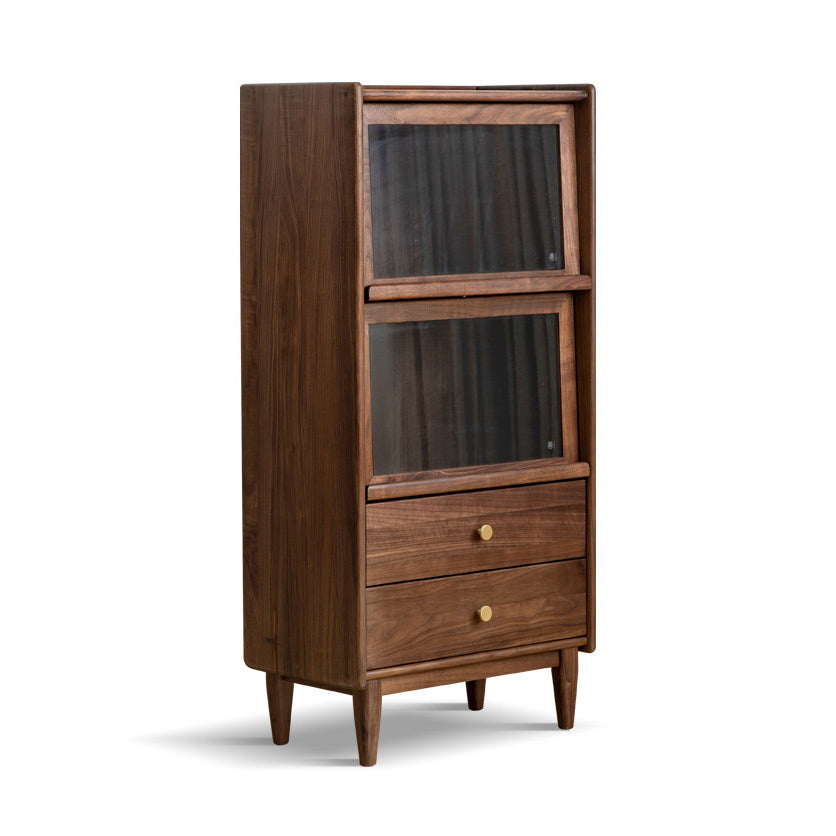 Modern Living Room Floor Cabinet Solid Wood Glass Doors with Lighting