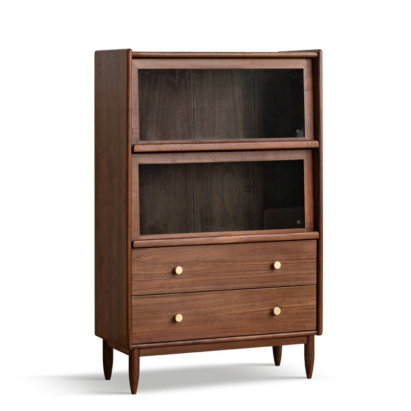 Modern Living Room Floor Cabinet Solid Wood Glass Doors with Lighting