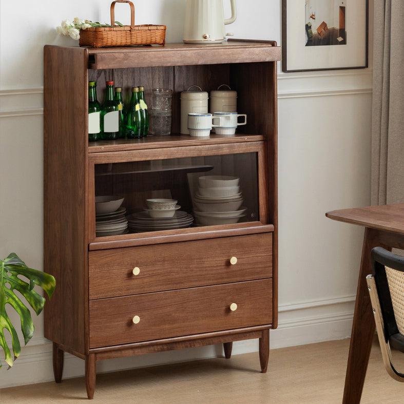 Modern Living Room Floor Cabinet Solid Wood Glass Doors with Lighting