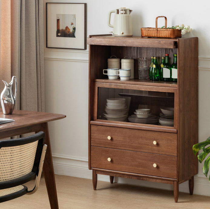 Modern Living Room Floor Cabinet Solid Wood Glass Doors with Lighting
