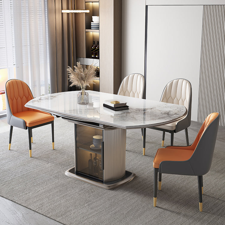 Stone Tabletop Round Extendable Dining Table in White with Storage 53.1"L x 33.5"W x 29.5"H Without Chairs Clearhalo 'Dining Tables & Seating' 'Dining Tables' 'dining_table' 'furn' 'furn_dining_table' 'Furniture' 'Kitchen & Dining Furniture' 7774338
