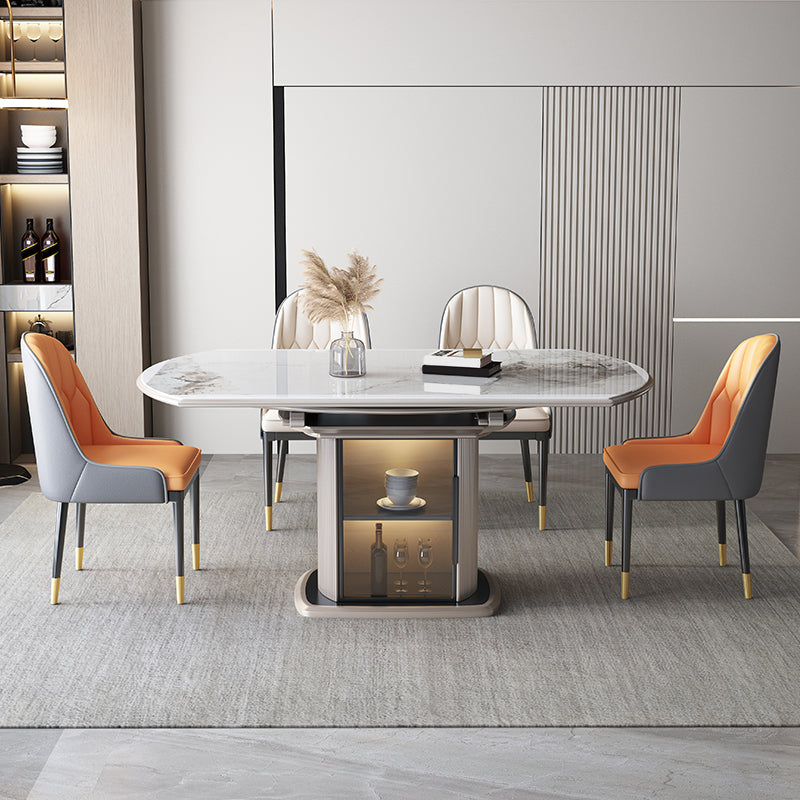 Stone Tabletop Round Extendable Dining Table in White with Storage 47.2"L x 29.5"W x 29.5"H Without Chairs Clearhalo 'Dining Tables & Seating' 'Dining Tables' 'dining_table' 'furn' 'furn_dining_table' 'Furniture' 'Kitchen & Dining Furniture' 7774339
