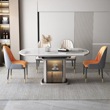 Stone Tabletop Round Extendable Dining Table in White with Storage 47.2"L x 29.5"W x 29.5"H Without Chairs Clearhalo 'Dining Tables & Seating' 'Dining Tables' 'dining_table' 'furn' 'furn_dining_table' 'Furniture' 'Kitchen & Dining Furniture' 7774339