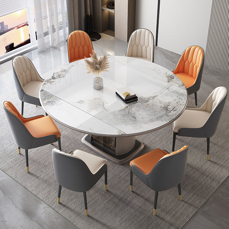 Stone Tabletop Round Extendable Dining Table in White with Storage Clearhalo 'Dining Tables & Seating' 'Dining Tables' 'dining_table' 'furn' 'furn_dining_table' 'Furniture' 'Kitchen & Dining Furniture' 7774340