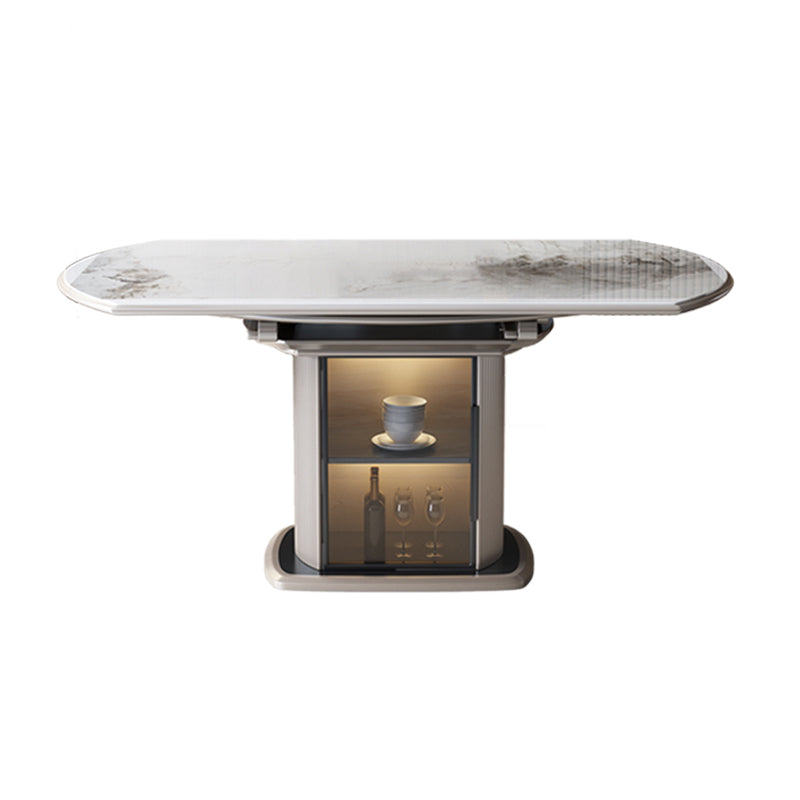 Stone Tabletop Round Extendable Dining Table in White with Storage 59.1"L x 35.4"W x 29.5"H Without Chairs Clearhalo 'Dining Tables & Seating' 'Dining Tables' 'dining_table' 'furn' 'furn_dining_table' 'Furniture' 'Kitchen & Dining Furniture' 7774342