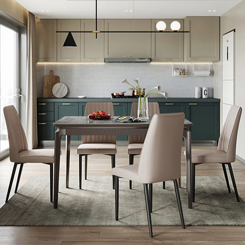 Gray Contemporary Rectangular Stone Dining Table with Solid Wood Legs Clearhalo 'Dining Tables & Seating' 'Dining Tables' 'dining_table' 'furn' 'furn_dining_table' 'Furniture' 'Kitchen & Dining Furniture' 7777732