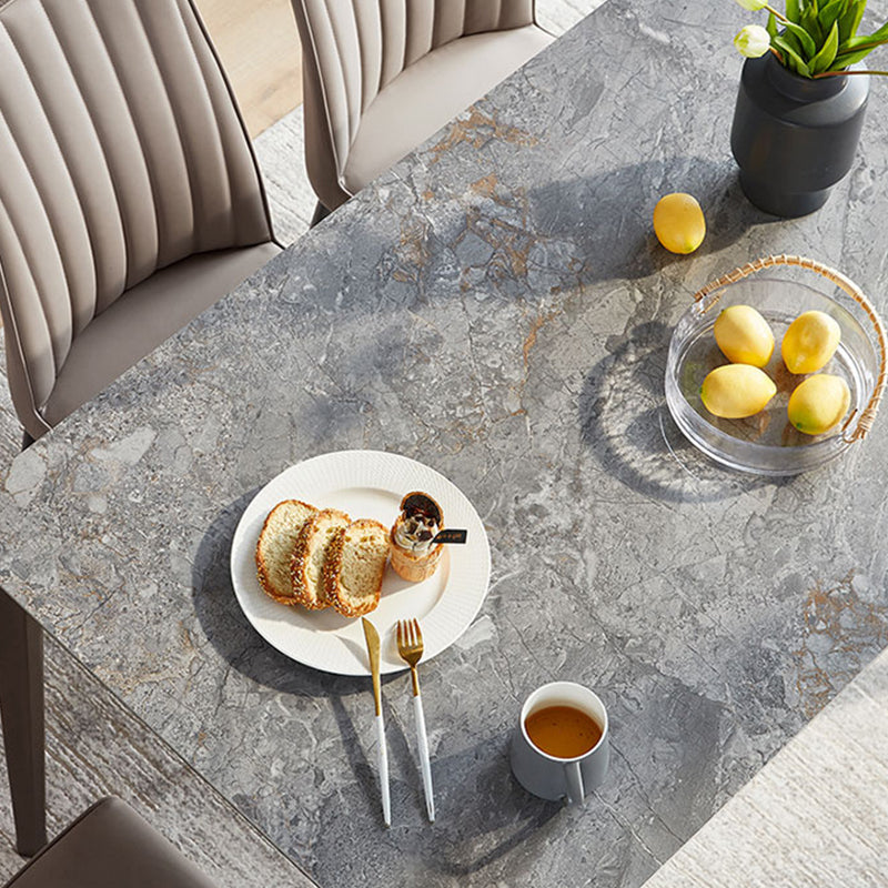Gray Contemporary Rectangular Stone Dining Table with Solid Wood Legs Clearhalo 'Dining Tables & Seating' 'Dining Tables' 'dining_table' 'furn' 'furn_dining_table' 'Furniture' 'Kitchen & Dining Furniture' 7777733