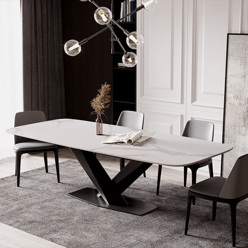 Modern Stone Top White Rectangular Dining Table with Black X-Base Clearhalo 'Dining Tables & Seating' 'Dining Tables' 'dining_table' 'furn' 'furn_dining_table' 'Furniture' 'Kitchen & Dining Furniture' 7777866