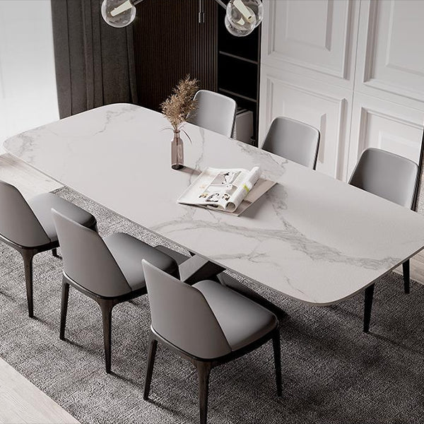 Modern Stone Top White Rectangular Dining Table with Black X-Base Clearhalo 'Dining Tables & Seating' 'Dining Tables' 'dining_table' 'furn' 'furn_dining_table' 'Furniture' 'Kitchen & Dining Furniture' 7777867