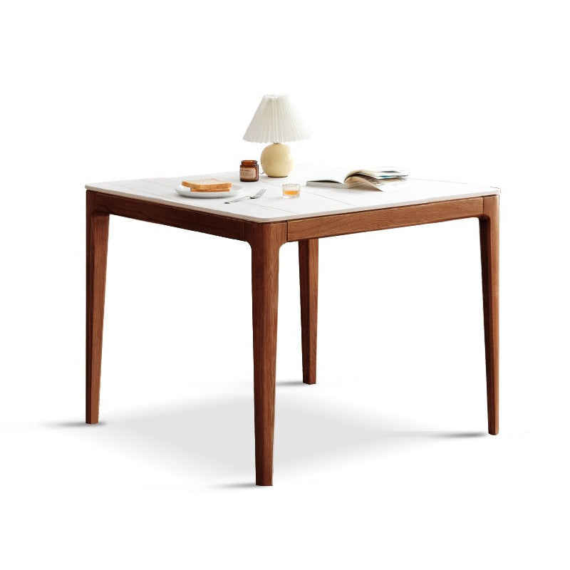 Modern Square White Stone Tabletop Dining Table with 4 Oak Legs White Gold Brown Clearhalo 'Dining Tables & Seating' 'Dining Tables' 'dining_table' 'furn' 'furn_dining_table' 'Furniture' 'Kitchen & Dining Furniture' 7777921