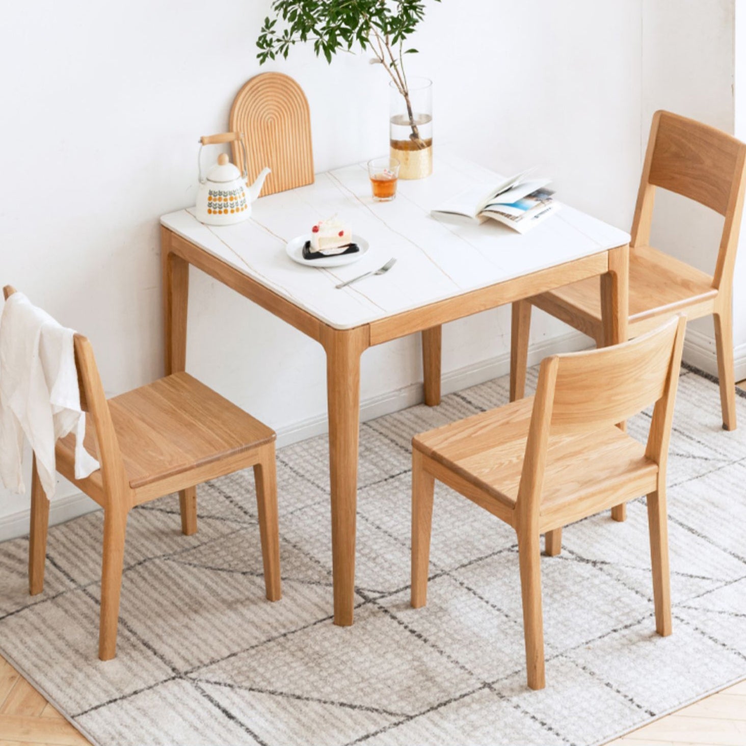 Modern Square White Stone Tabletop Dining Table with 4 Oak Legs Clearhalo 'Dining Tables & Seating' 'Dining Tables' 'dining_table' 'furn' 'furn_dining_table' 'Furniture' 'Kitchen & Dining Furniture' 7777924