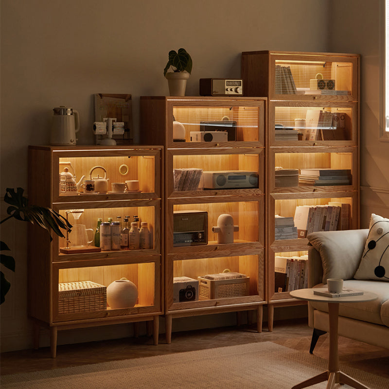 Modern Oak Finished Glass Door Sideboard in Natural with Lights Clearhalo 'buffet_sideboard' 'Buffets & Sideboards' 'furn' 'furn_buffet_sideboard' 'Furniture' 'Kitchen & Dining Furniture' 7779677