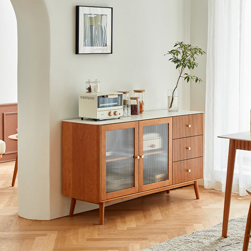 Stone Top Sideboard Modern Cherry Wood with Glass Door in Teak Clearhalo 'buffet_sideboard' 'Buffets & Sideboards' 'furn' 'furn_buffet_sideboard' 'Furniture' 'Kitchen & Dining Furniture' 7779731