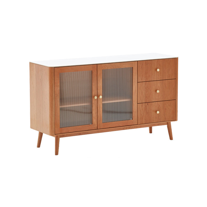Stone Top Sideboard Modern Cherry Wood with Glass Door in Teak Clearhalo 'buffet_sideboard' 'Buffets & Sideboards' 'furn' 'furn_buffet_sideboard' 'Furniture' 'Kitchen & Dining Furniture' 7779732