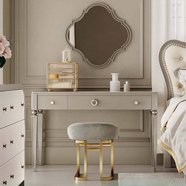 Tavolo da scrivania per trucco a 3 cassetti in legno massiccio grigio con set di sgabelli