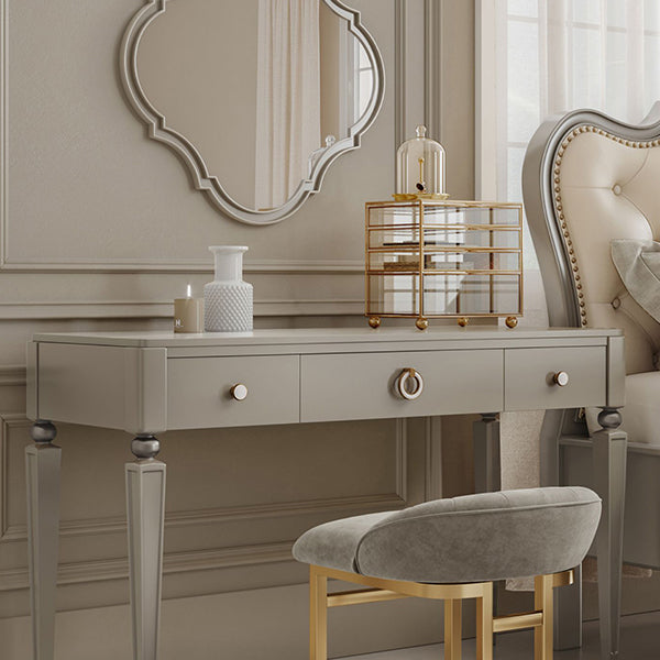 Tavolo da scrivania per trucco a 3 cassetti in legno massiccio grigio con set di sgabelli