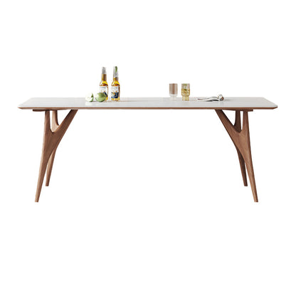 Modern Rectangular Stone Top White Dining Table with 4 Solid Wood Legs Brown Without Chairs Clearhalo 'Dining Tables & Seating' 'Dining Tables' 'dining_table' 'furn' 'furn_dining_table' 'Furniture' 'Kitchen & Dining Furniture' 7793527