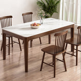 Modern Rectangular Stone Top White Dining Table with 4 Brown Rubberwood Legs Clearhalo 'Dining Tables & Seating' 'Dining Tables' 'dining_table' 'furn' 'furn_dining_table' 'Furniture' 'Kitchen & Dining Furniture' 7793686