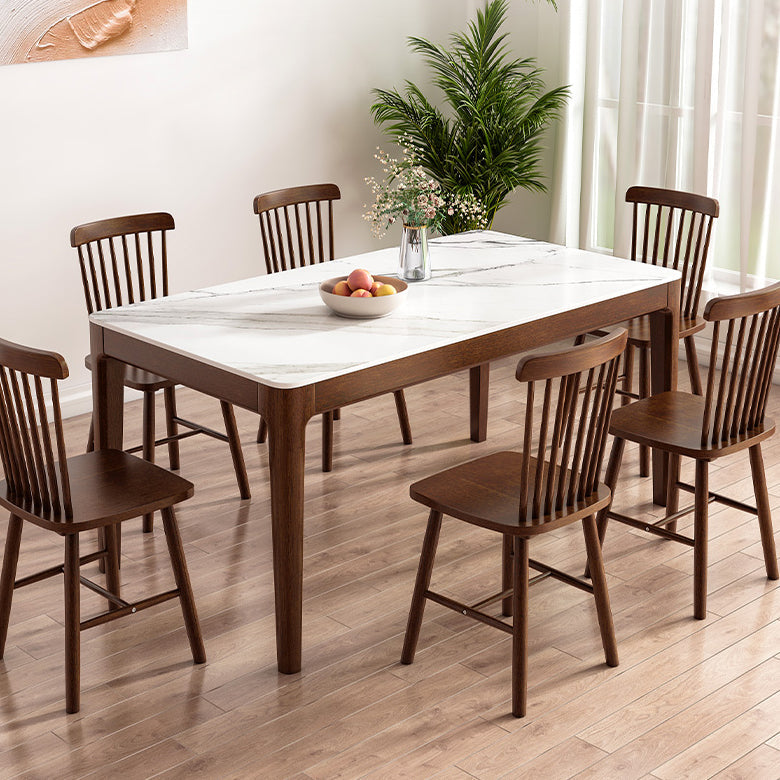 Modern Rectangular Stone Top White Dining Table with 4 Brown Rubberwood Legs Clearhalo 'Dining Tables & Seating' 'Dining Tables' 'dining_table' 'furn' 'furn_dining_table' 'Furniture' 'Kitchen & Dining Furniture' 7793687