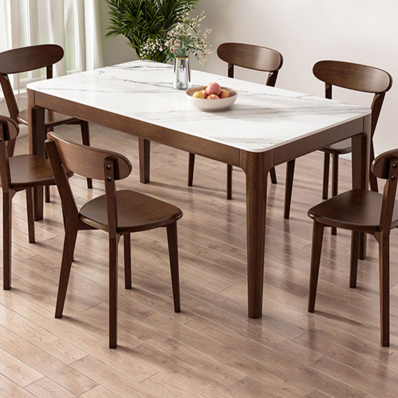 Modern Rectangular Stone Top White Dining Table with 4 Brown Rubberwood Legs Clearhalo 'Dining Tables & Seating' 'Dining Tables' 'dining_table' 'furn' 'furn_dining_table' 'Furniture' 'Kitchen & Dining Furniture' 7793689