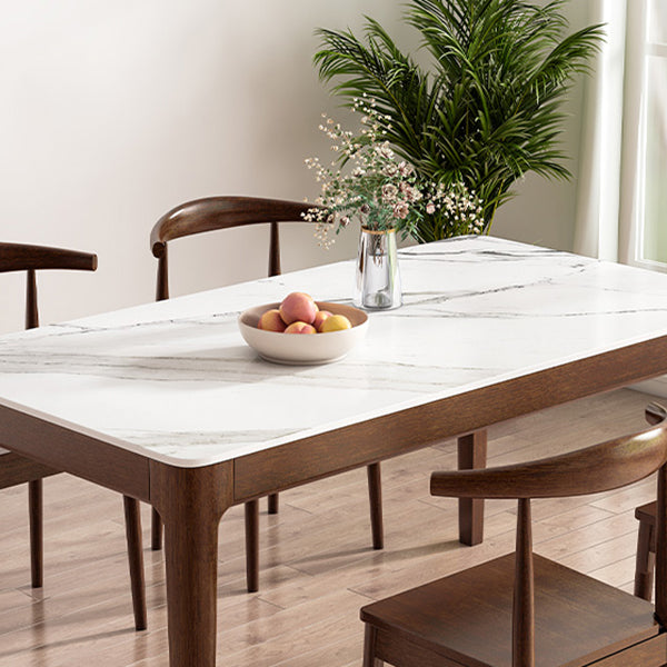 Modern Rectangular Stone Top White Dining Table with 4 Brown Rubberwood Legs Clearhalo 'Dining Tables & Seating' 'Dining Tables' 'dining_table' 'furn' 'furn_dining_table' 'Furniture' 'Kitchen & Dining Furniture' 7793691