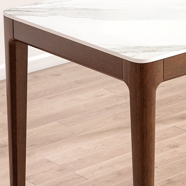 Modern Rectangular Stone Top White Dining Table with 4 Brown Rubberwood Legs Clearhalo 'Dining Tables & Seating' 'Dining Tables' 'dining_table' 'furn' 'furn_dining_table' 'Furniture' 'Kitchen & Dining Furniture' 7793692