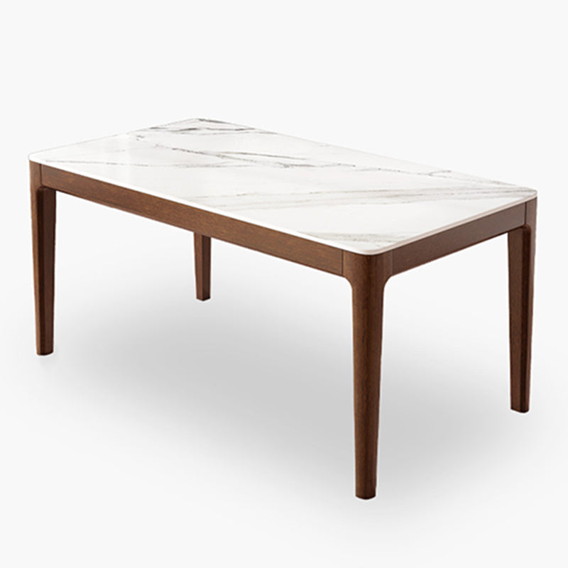 Modern Rectangular Stone Top White Dining Table with 4 Brown Rubberwood Legs Clearhalo 'Dining Tables & Seating' 'Dining Tables' 'dining_table' 'furn' 'furn_dining_table' 'Furniture' 'Kitchen & Dining Furniture' 7793693