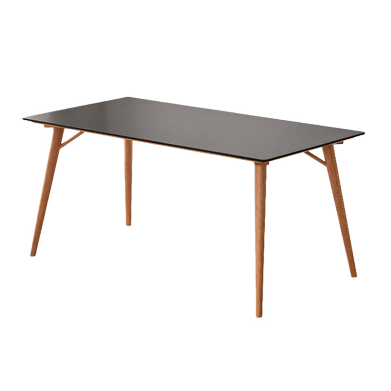 Table de salle à manger rectangulaire moderne avec plateau en pierre noire et 4 pieds en bois massif