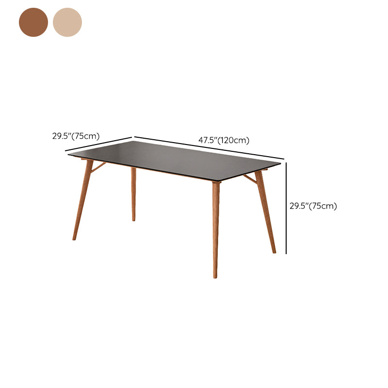 Table de salle à manger rectangulaire moderne avec plateau en pierre noire et 4 pieds en bois massif