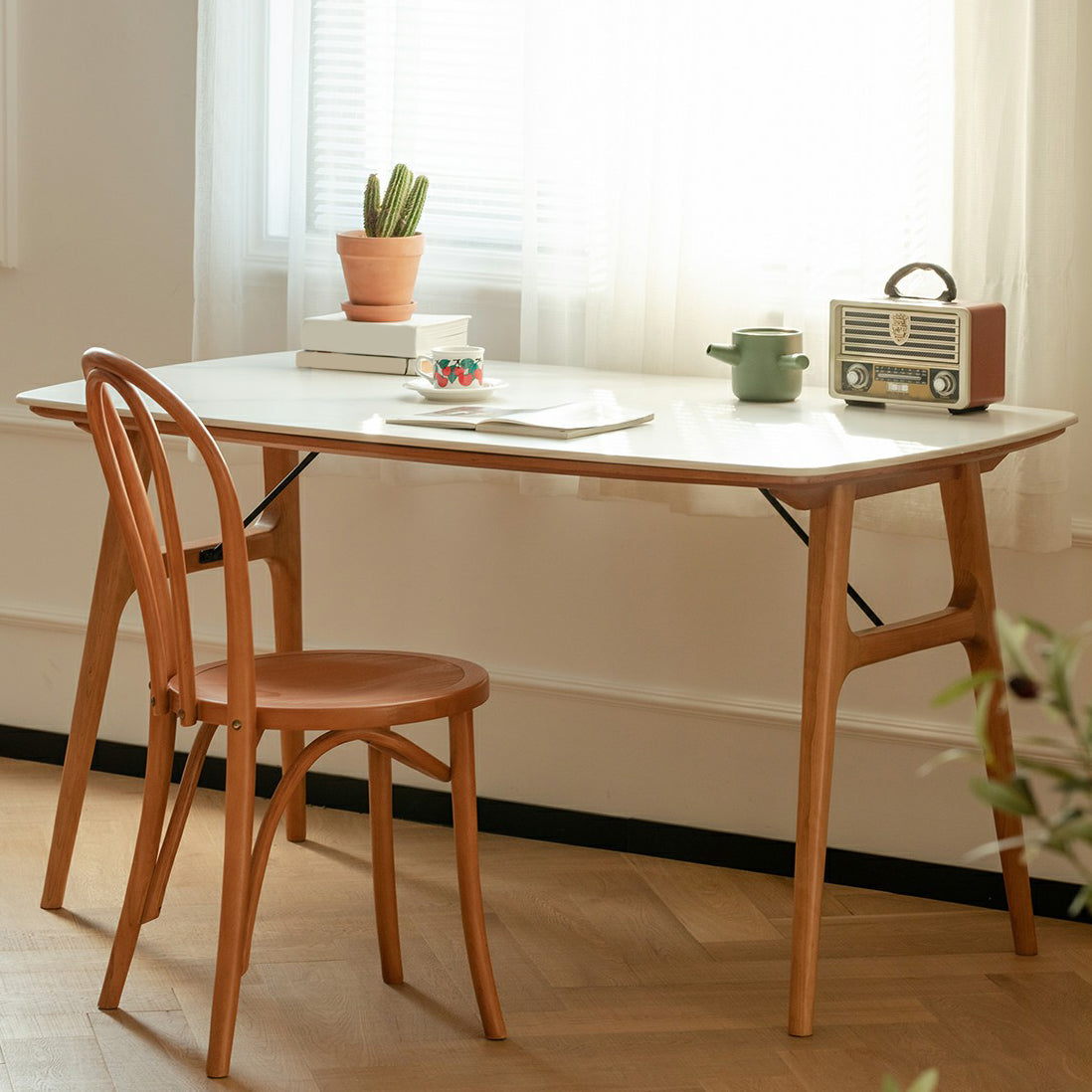 Modern Rectangular White Stone Top Dining Table with 4 Solid Wood Legs Clearhalo 'Dining Tables & Seating' 'Dining Tables' 'dining_table' 'furn' 'furn_dining_table' 'Furniture' 'Kitchen & Dining Furniture' 7793773