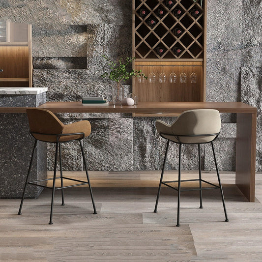 Modern Style Backrest Arm Counter Stool with Metal Base and Leather Cushion