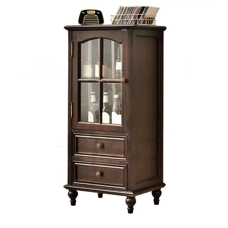 Puerta de vidrio de piso de soporte de botella tradicional de madera sólida con estantes de almacenamiento en marrón