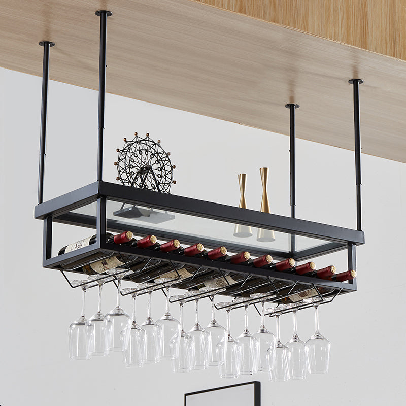 Metal Industrial Wine Holder Rack Hanging with Glass Holder and Storage Shelf Black 1 Piece Clearhalo 'furn' 'furn_wine_racks' 'Furniture' 'Kitchen & Dining Furniture' 'Wine Racks' 'wine_racks' 7807701