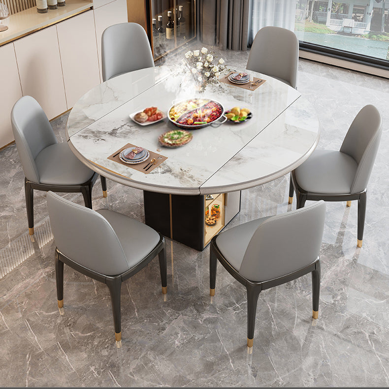 Round Modern Stone Dining Table Extendable for Small Spaces with Storage