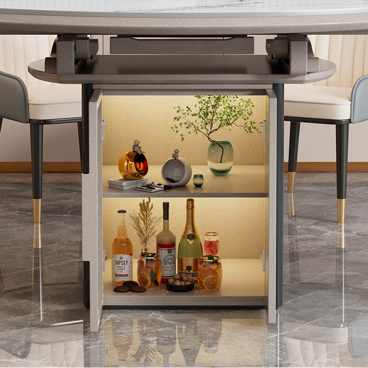 Round Modern Stone Dining Table Extendable for Small Spaces with Storage